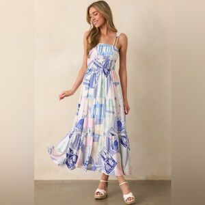 Prosperina Adair Passport Print Blue Midi Dress